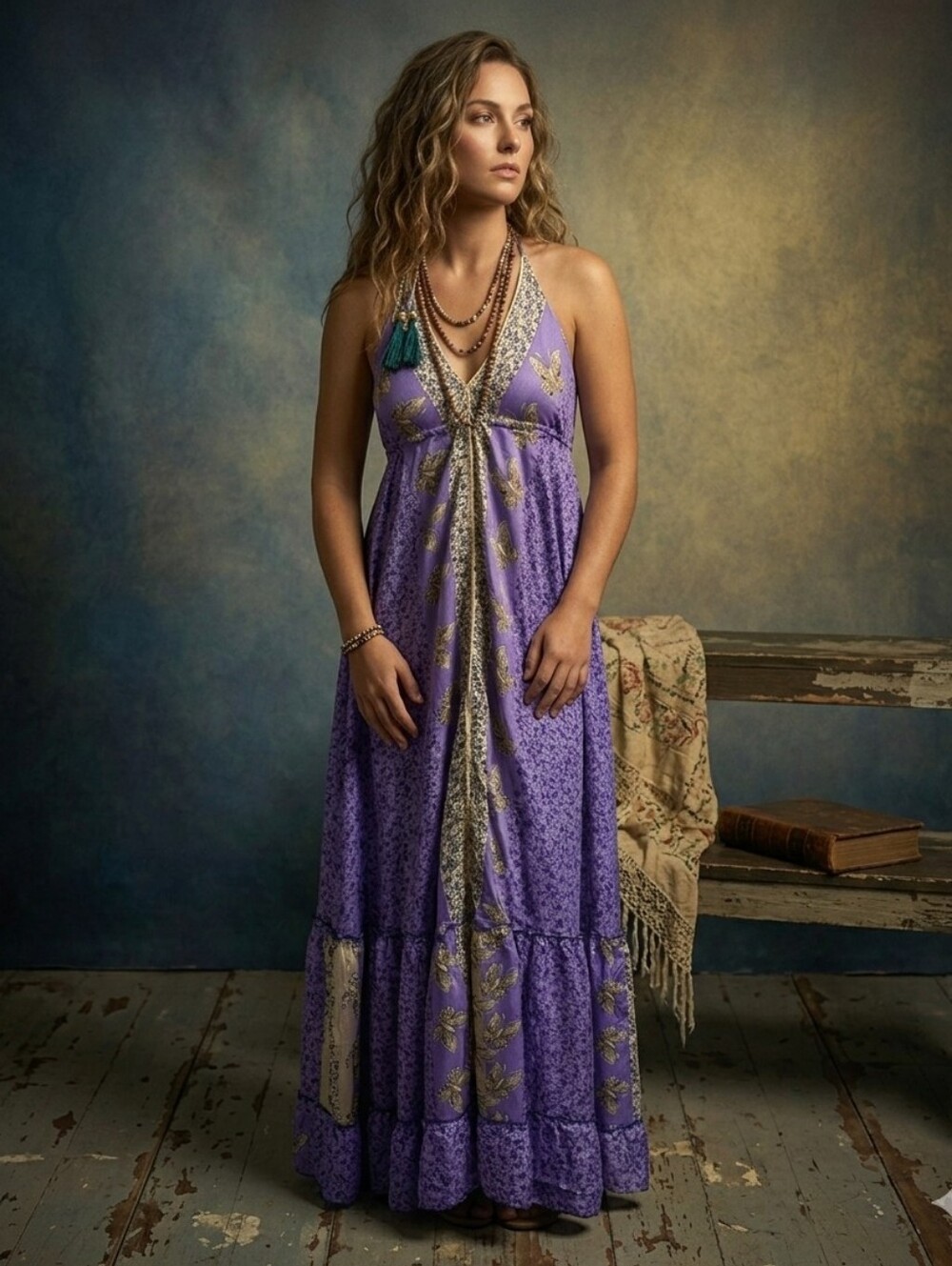 NWT BEACH CAMP Bohemian Lavender Tiered Maxi Dress - V-Neck
